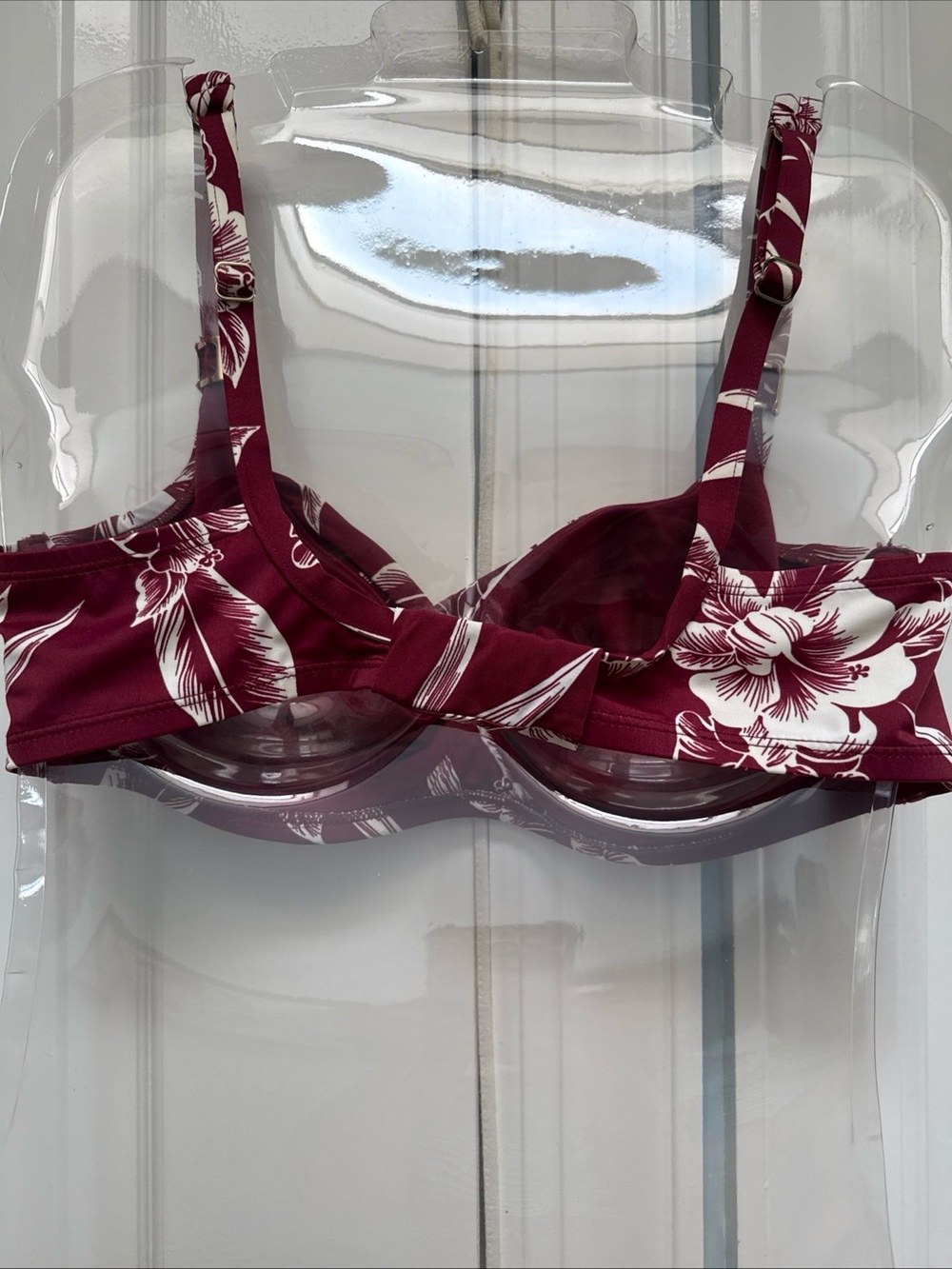 Miraclesuit Floral Swim Bra Burgundy & White with Gold Hardware Size 34D